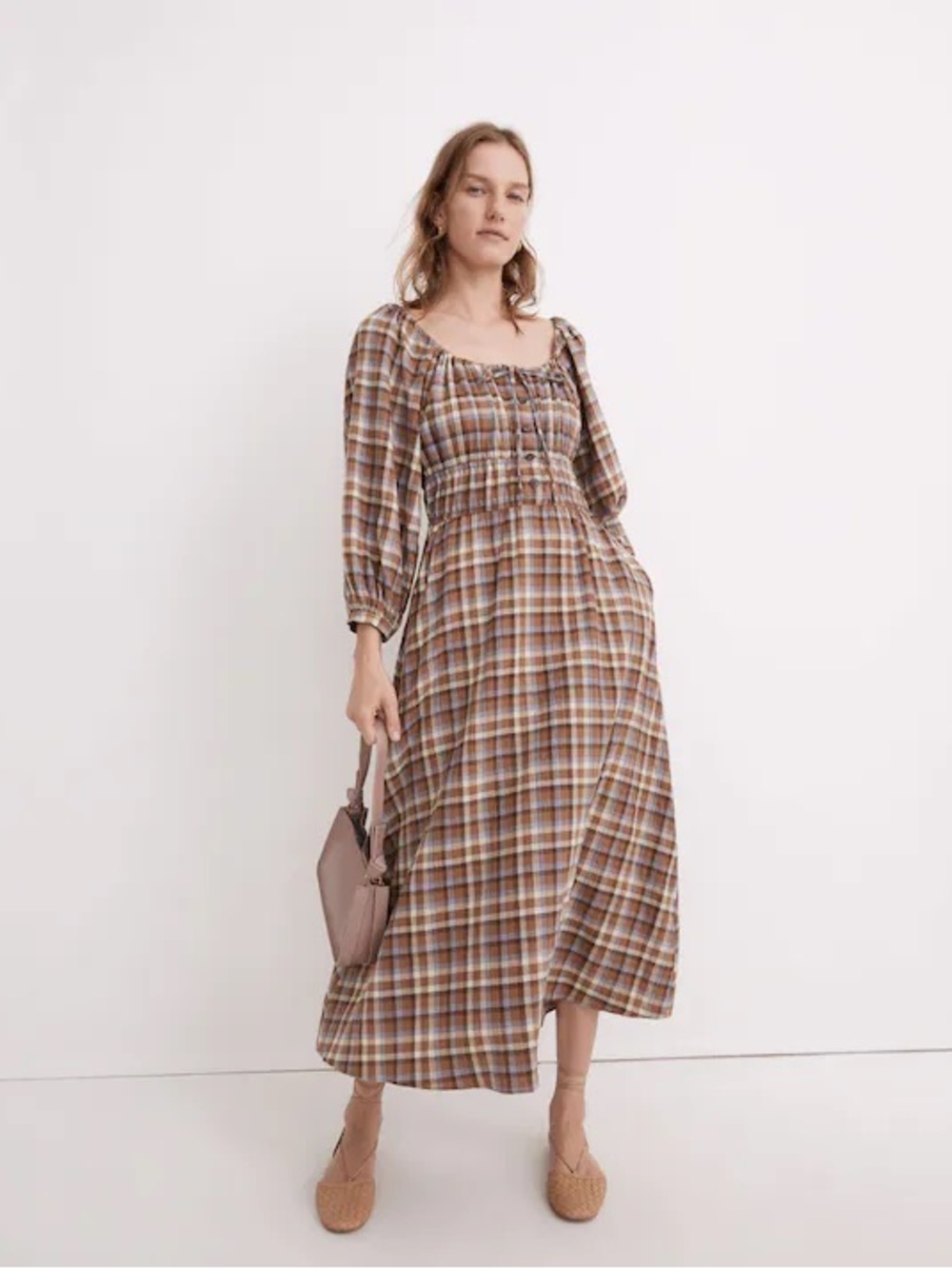 Madewell Gauze Sophia Brown Plaid Long Sleeve Midi Dress Size Medium